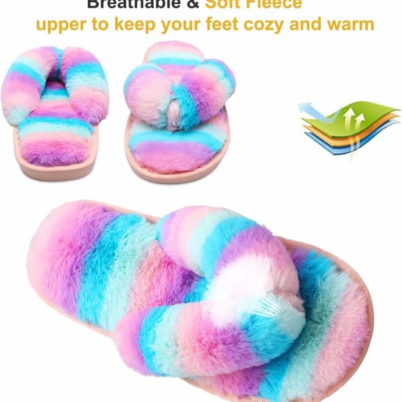Women's Brand New Furry & Colorful Striped Thong Slippers with Hard Soles SIZE M - Picture 6 of 10
